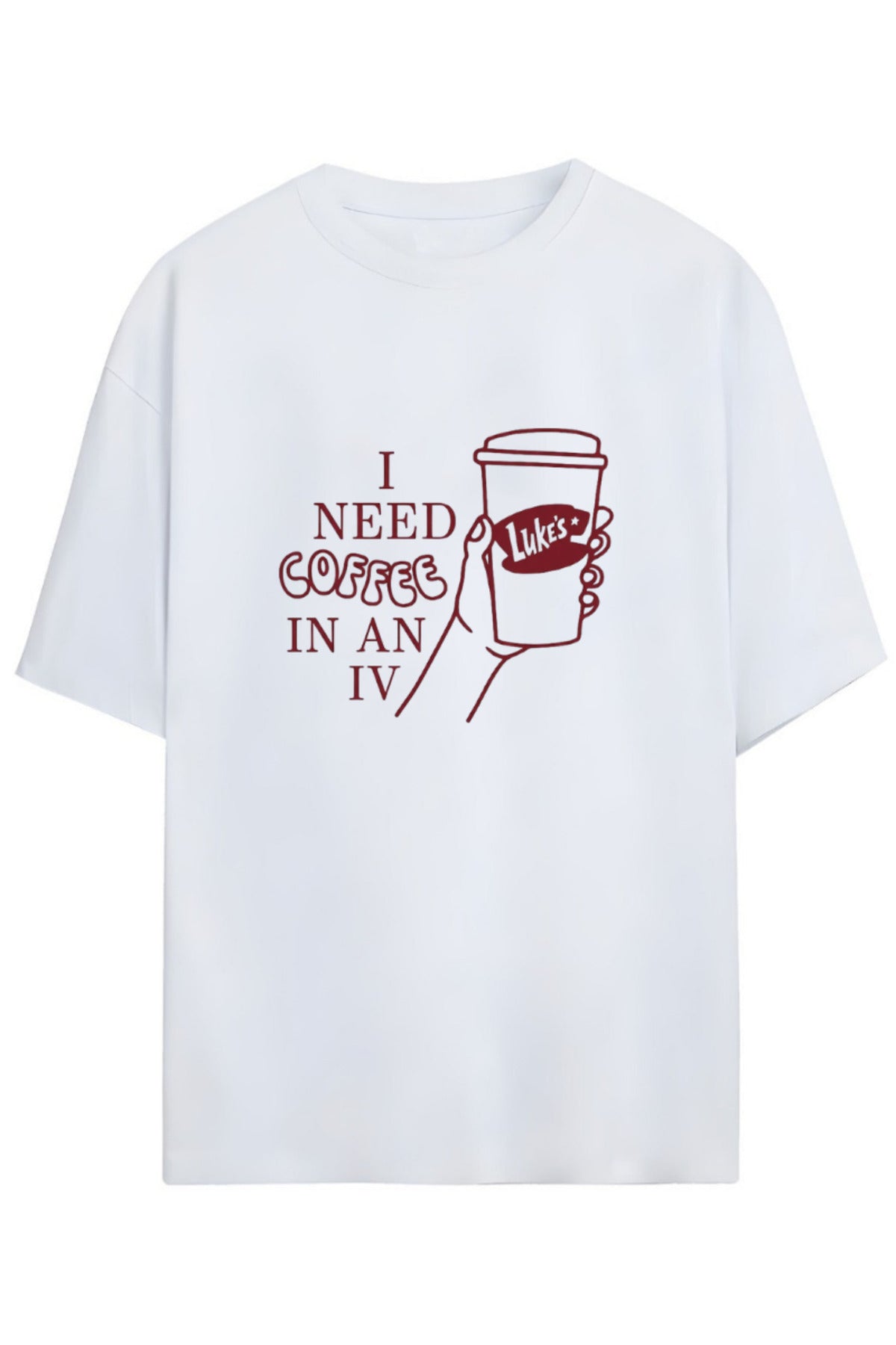 Beyaz Gilmore Girls Tasarım Serisi "I Need Coffee In Iv" Yazılı Baskılı Pamuklu Unisex Tişört - 9