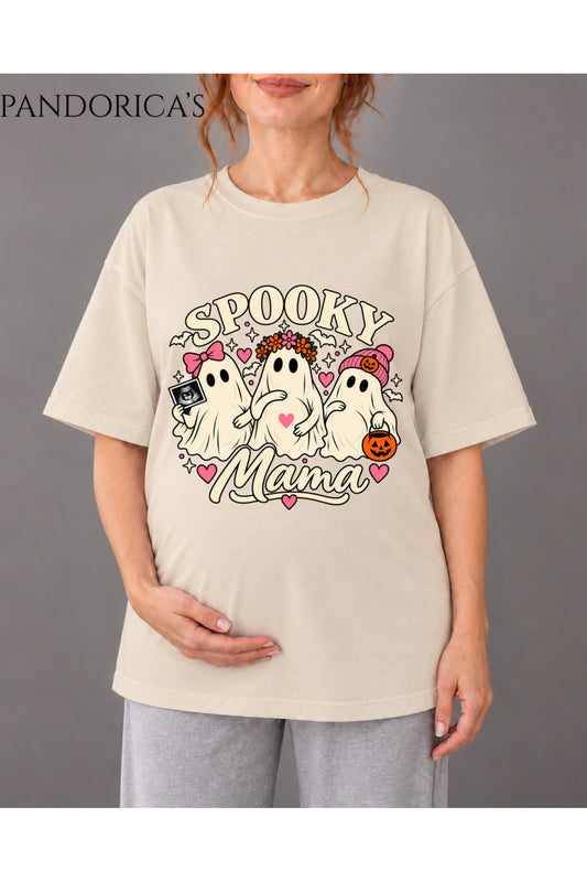 Kadın Hamile Temalı "SPOOKY MAMA" Yazılı Cadılar Bayramı Sevimli Hayalet Baskılı Oversize Pamuklu Tişört Bisiklet Yaka