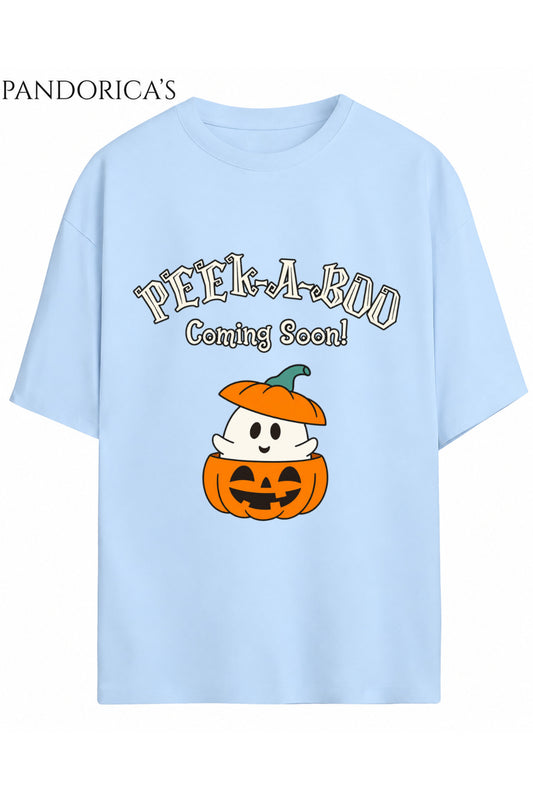 Kadın Hamile Temalı "Peek A Boo Coming Soon" Yazılı Cadılar Bayramı Bal Kabağı Baskılı Oversize Pamuklu Tişört Bisiklet Yaka