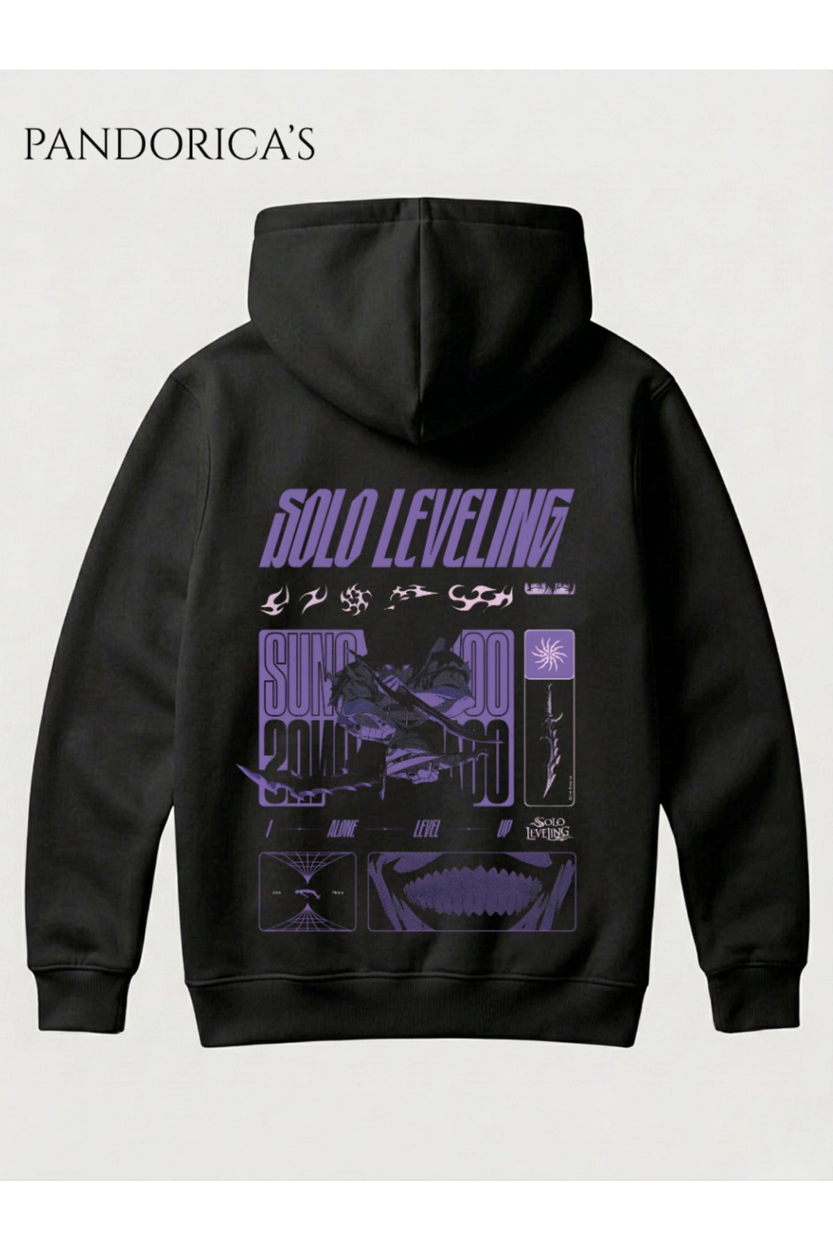 Siyah Solo Leveling Anime Sung Jinwoo Tasarımı Yazılı Sırt Baskılı Yazılı Baskılı Unisex Kapüşonlu Pamuklu Sweatshirt Hoodie - 105