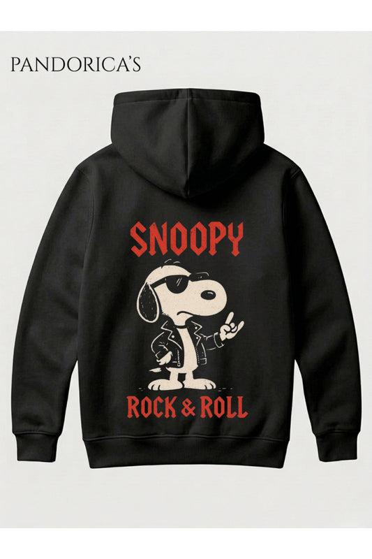 ROCK TASARIM SERİSİ SNOOPY ROCK&ROLL Yazılı SIRT Baskılı %100 Pamuk 3 İplik Kışlık Kapüşonlu Kanguru Cepli Basic Unisex Sweatshirt (Hoodie)