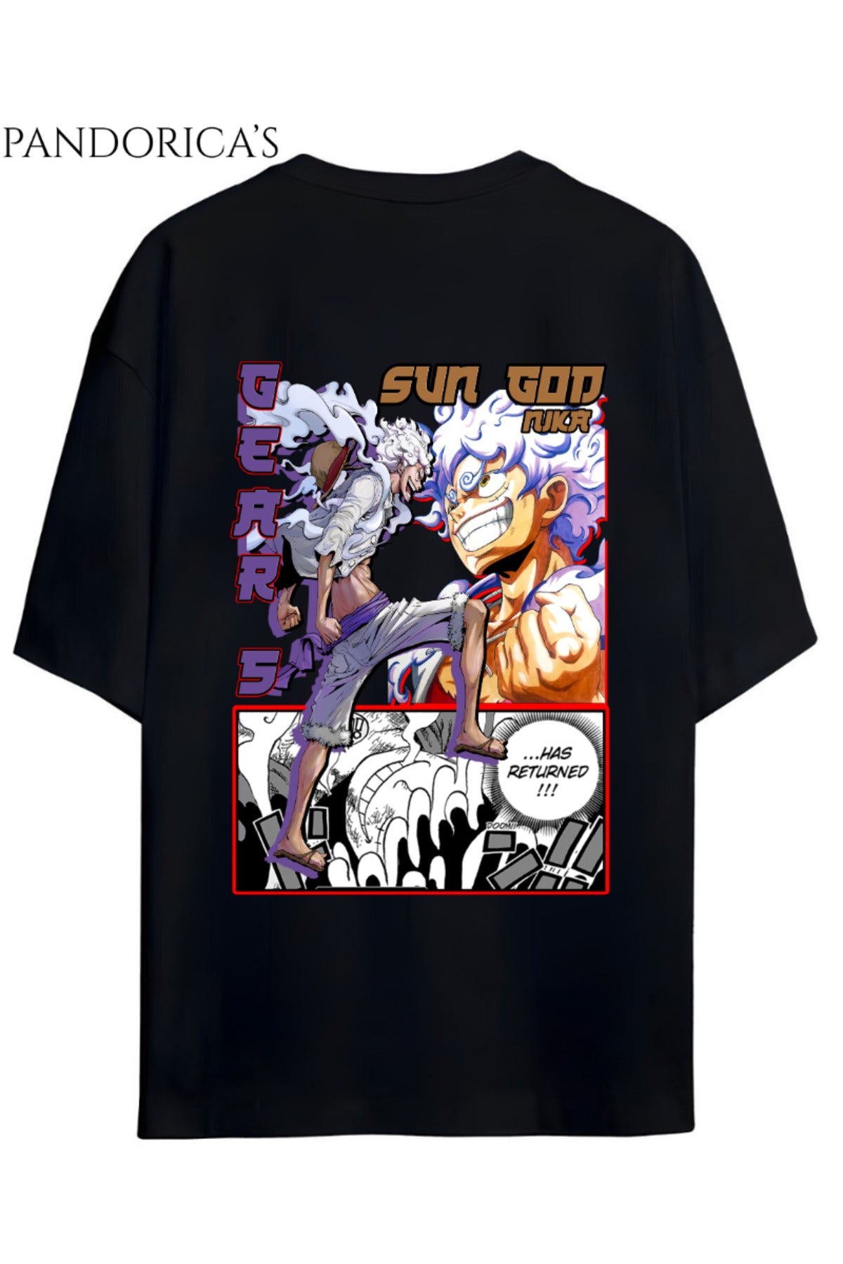 Siyah One Piece Tasarım Serisi "Sun God " Sırt Baskılı Yazılı Unisex Pamuklu Tişört - 216