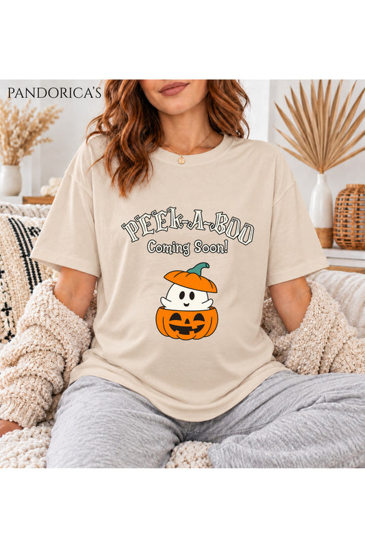 Kadın Hamile Temalı "Peek A Boo Coming Soon" Yazılı Cadılar Bayramı Bal Kabağı Baskılı Oversize Pamuklu Tişört Bisiklet Yaka