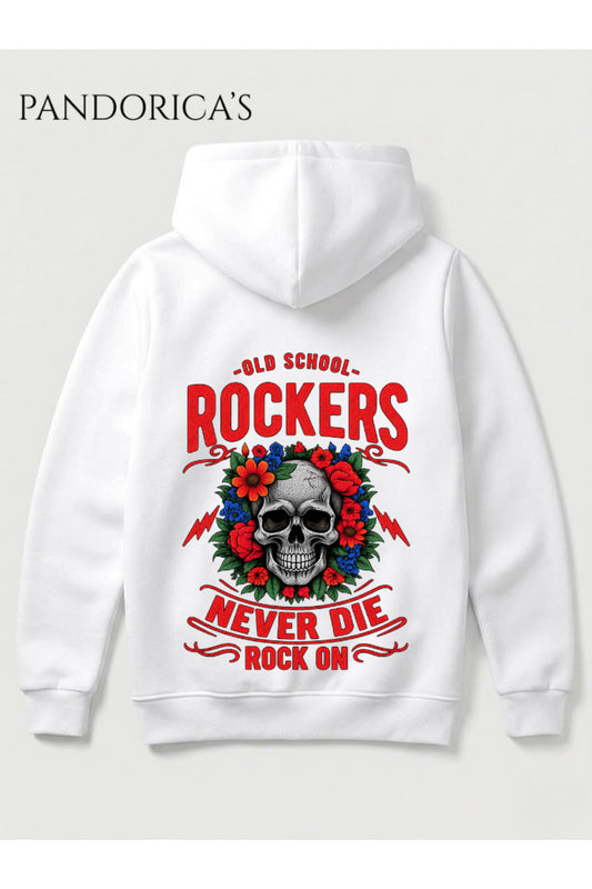 ROCK&ROLL Tasarımı "OLD SCHOOL ROCKERS NEVER DIE" Yazılı SIRT Baskılı Unisex %100 Pamuk 3 İplik Kışlık Kapüşonlu Kanguru Cepli Basic Sweatshirt (Hoodie)