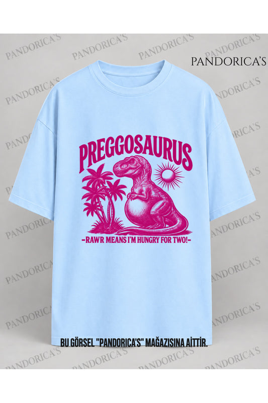 Kadın Hamile Temalı "PREGGOSAURS I'M HUNGRY FOR TWO" Sevimli Dinazor Baskılı Oversize %100 Pamuk Tişört Bisiklet Yaka