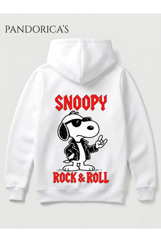 ROCK TASARIM SERİSİ SNOOPY ROCK&ROLL Yazılı SIRT Baskılı %100 Pamuk 3 İplik Kışlık Kapüşonlu Kanguru Cepli Basic Unisex Sweatshirt (Hoodie)
