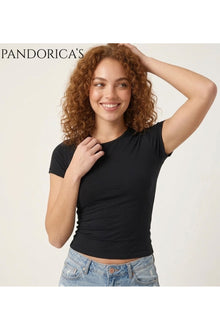 Pandorica's Siyah Bisiklet Yaka Slim Fit Likralı Basic Crop Pamuklu Penye Kadın Tişört (Body Tee)