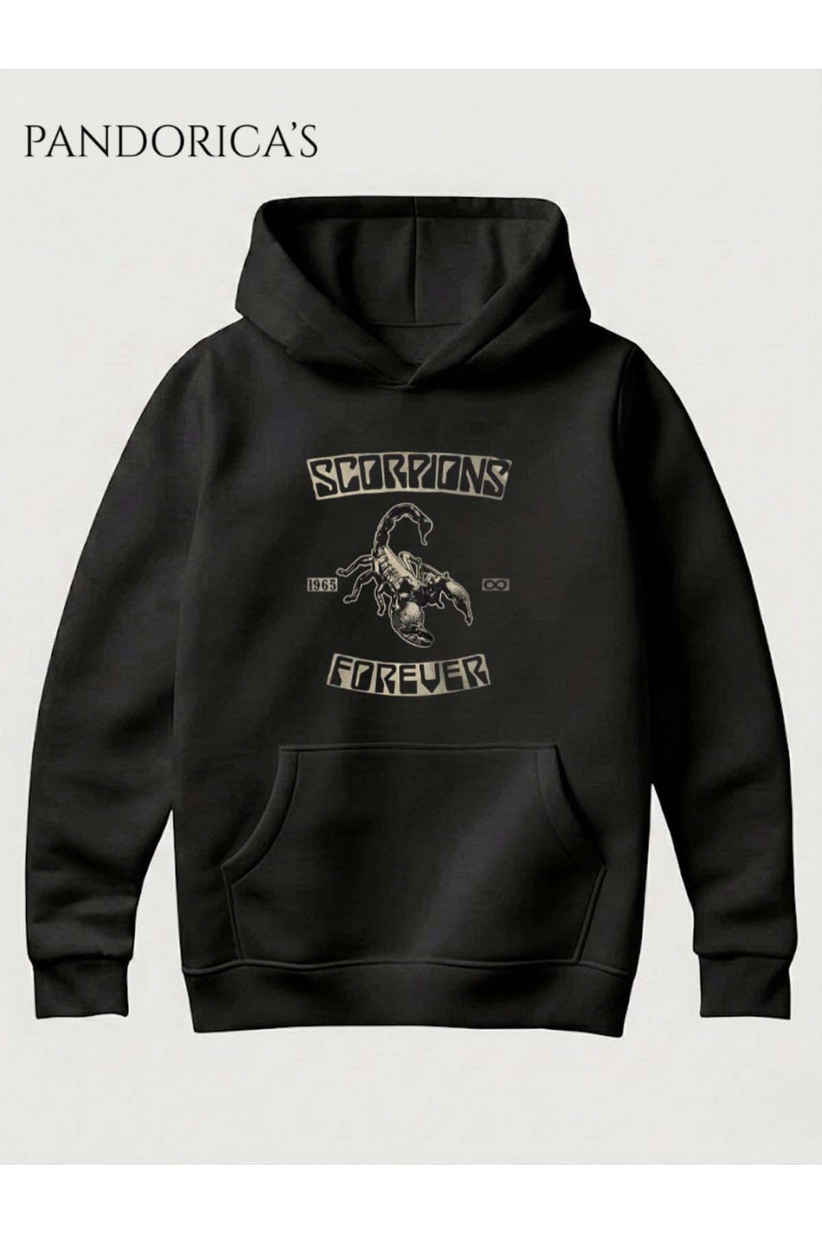 Siyah Scorpions Tasarımı Yazılı Baskılı Unisex Kapüşonlu Pamuklu Kanguru Cepli Sweatshirt Hoodie - 24