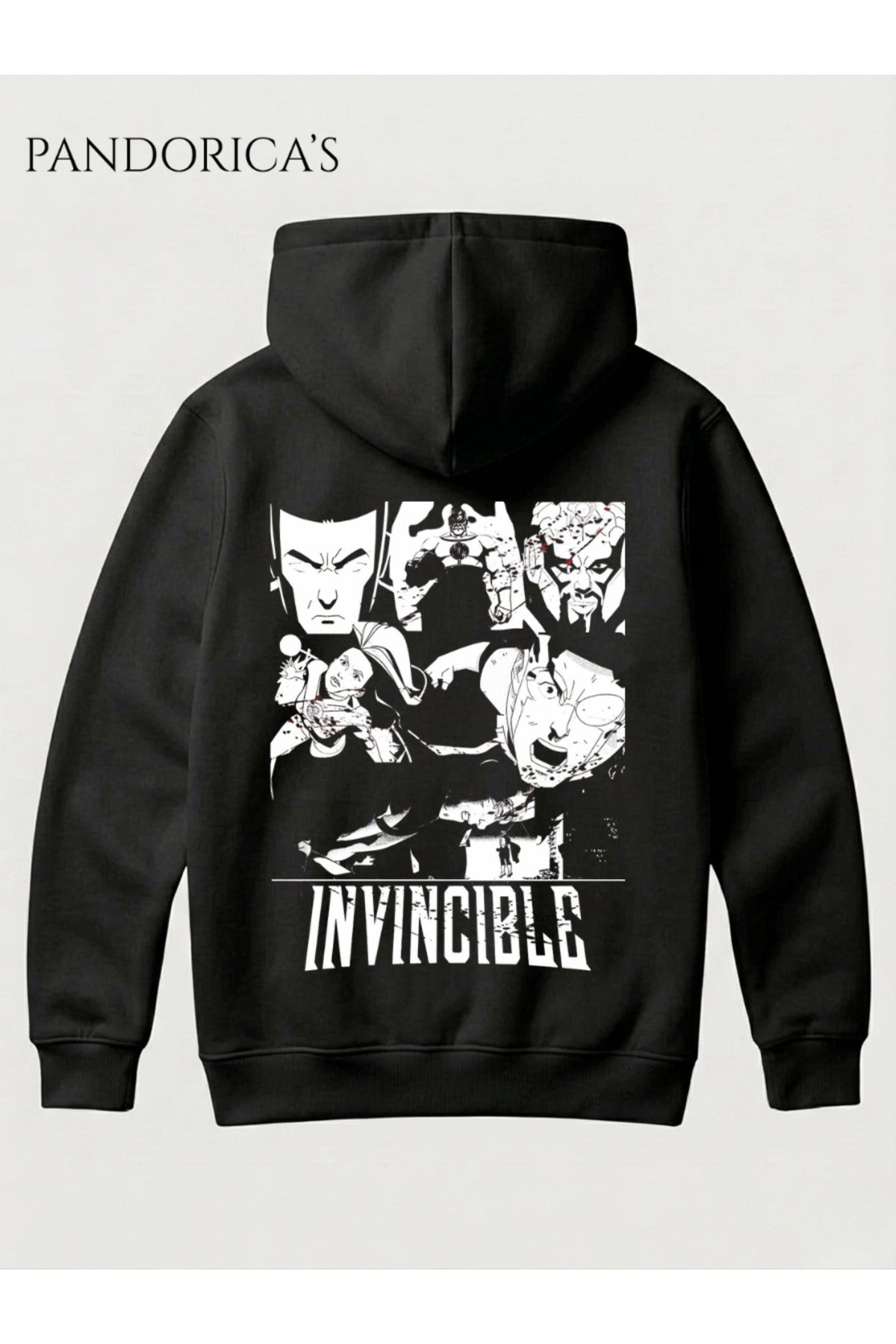 Siyah Invincible Friends & Foes Tasarım Serisi Yazılı Sırt Ve Ön Baskılı Unisex Kapüşonlu Pamuklu Sweatshirt (Hoodie) - 37