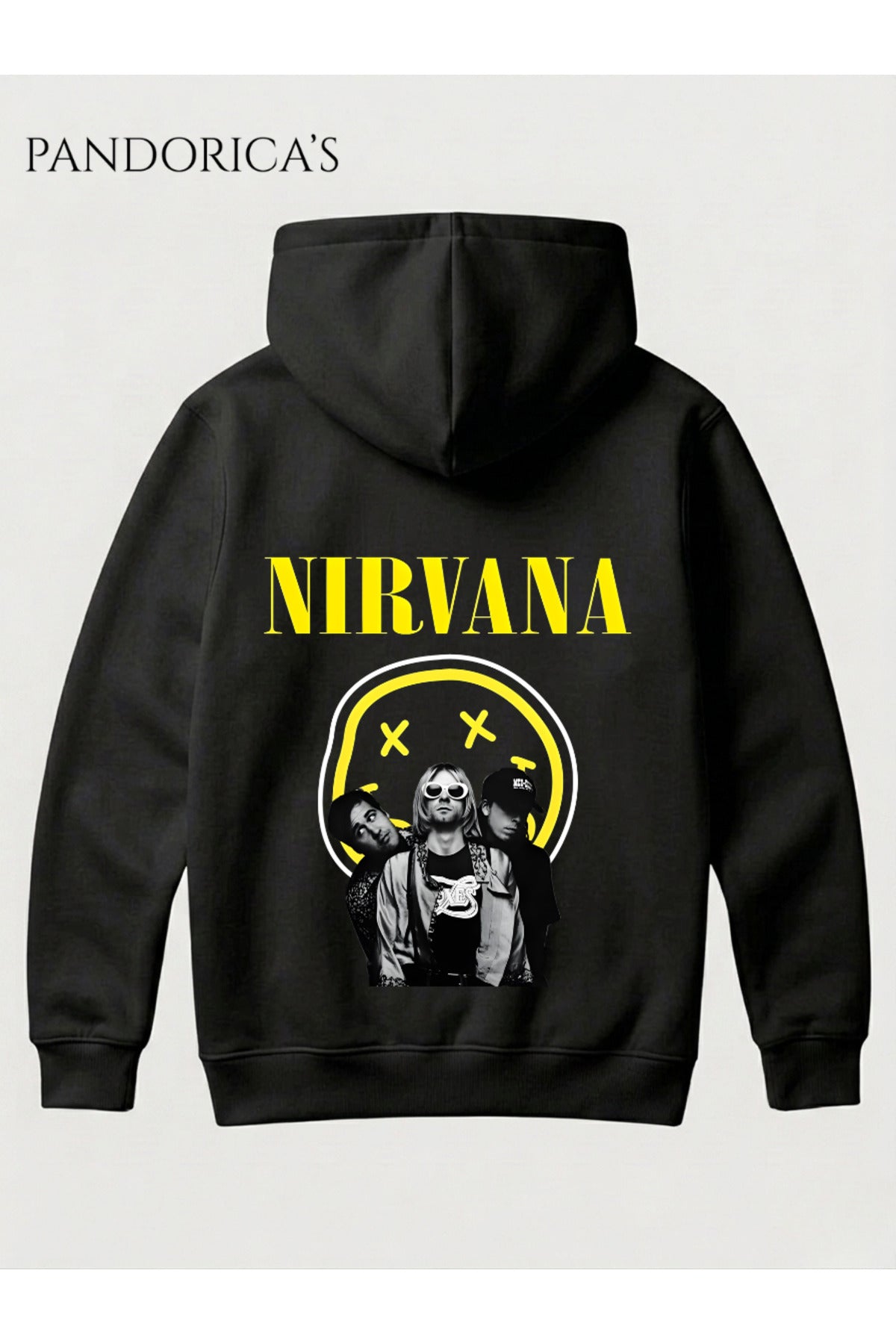 Siyah Nirvana Tasarımı Yazılı Sırt Baskılı Unisex Kapüşonlu Pamuklu Sweatshirt Kanguru Cep Hoodie - 51