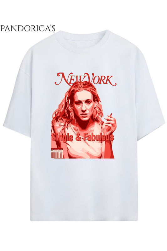 Sex And The City Tasarım Serisi Carrie Bradshaw "SINGLE AND FABULOUS" Yazılı Baskılı Pamuklu Tişört
