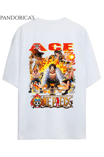 ONE PIECE TASARIM SERİSİ "ACE" SIRT BASKILI YAZILI UNISEX PAMUKLU RELAXED KALIP T-SHIRT