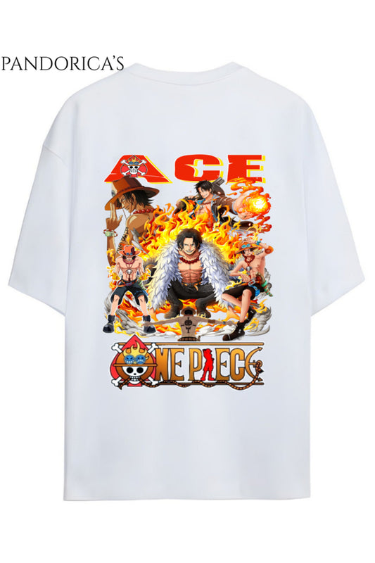 ONE PIECE TASARIM SERİSİ "ACE" SIRT BASKILI YAZILI UNISEX PAMUKLU RELAXED KALIP T-SHIRT