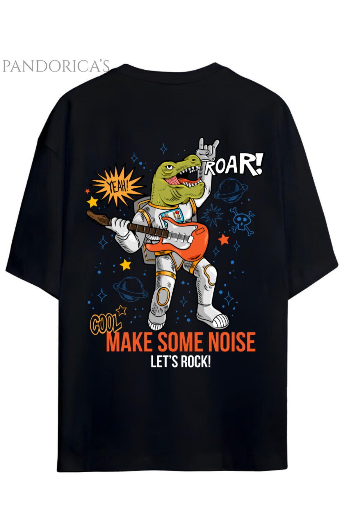 Dino Tasarım Serisi Rocker Dino "Make Some Noise Let's Rock" Yazılı Dinazor Sırt Baskılı Pamuklu Unisex Tişört