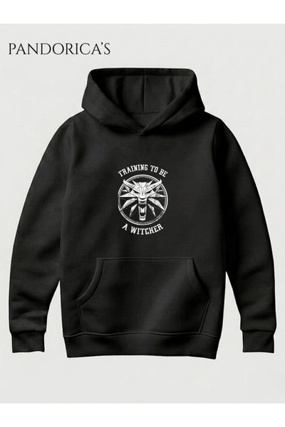 THE WITCHER Tasarımı "TRAINING TO BE A WITCHER" Yazılı Kurt Baskılı Unisex Kapüşonlu Pamuklu Gamer Sweatshirt Hoodie