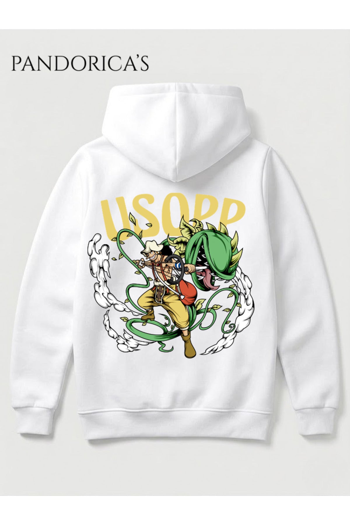 Beyaz One Piece Özel Tasarım Serisi "Usopp" Yazılı Sırt Baskılı Unisex Kapüşonlu Pamuklu Sweatshirt (Hoodie) - 37