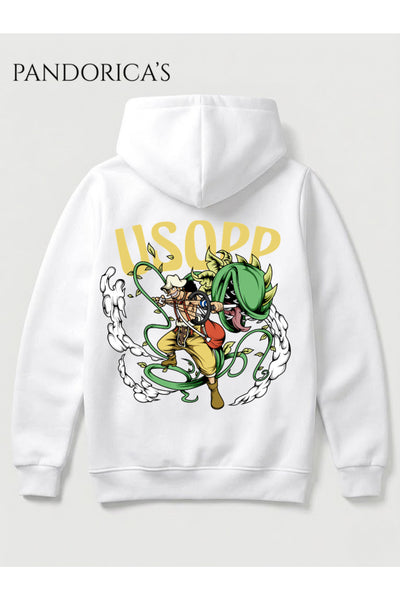 One Piece Özel Tasarım Serisi "USOPP" Yazılı Sırt Baskılı Unisex Kapüşonlu Pamuklu Sweatshirt (Hoodie)