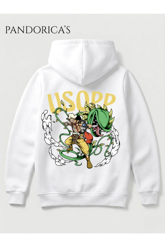 One Piece Özel Tasarım Serisi "USOPP" Yazılı Sırt Baskılı Unisex Kapüşonlu Pamuklu Sweatshirt (Hoodie)