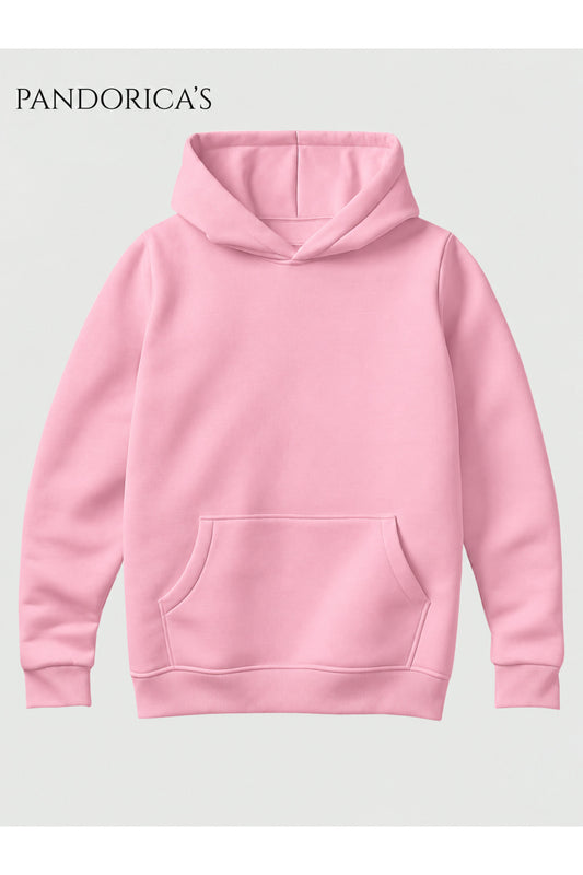 Unisex Pembe %100 Pamuk 3 İplik Kışlık Kapüşonlu Kanguru Cepli Basic Sweatshirt (Hoodie)