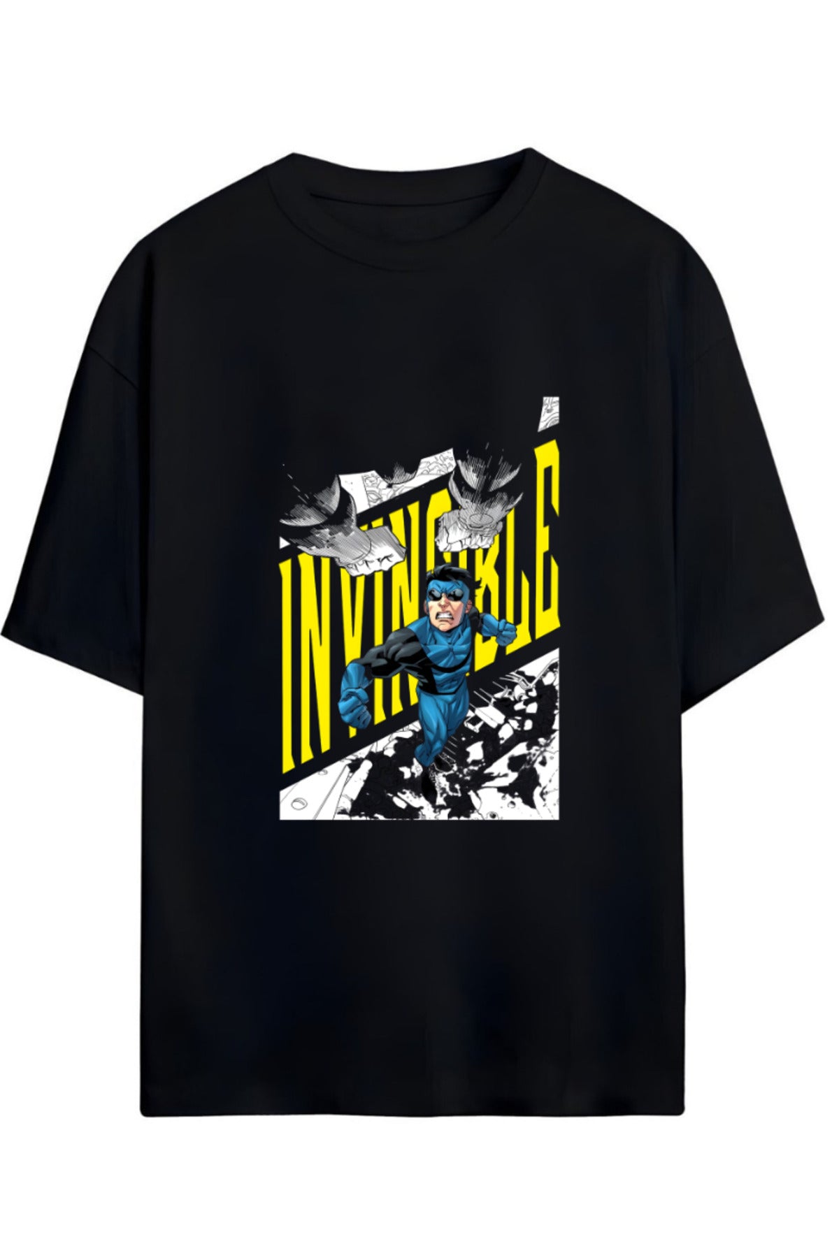 Siyah Invincible Friends & Foes (Dostlar Ve Düşmanlar) Yazılı Baskılı Pamuklu Relaxed Kalıp Unisex Tişört - 53