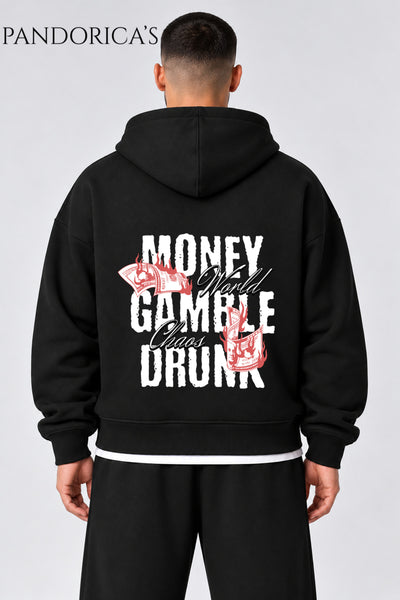 Urban Streetwear Money Yazılı Unisex Oversize SIRT Baskılı Pamuklu Kapüşonlu Fermuarlı Hırka