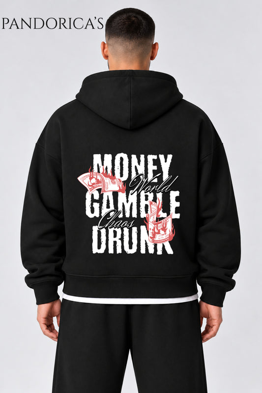 Urban Streetwear Money Yazılı Unisex Oversize SIRT Baskılı Pamuklu Kapüşonlu Fermuarlı Hırka