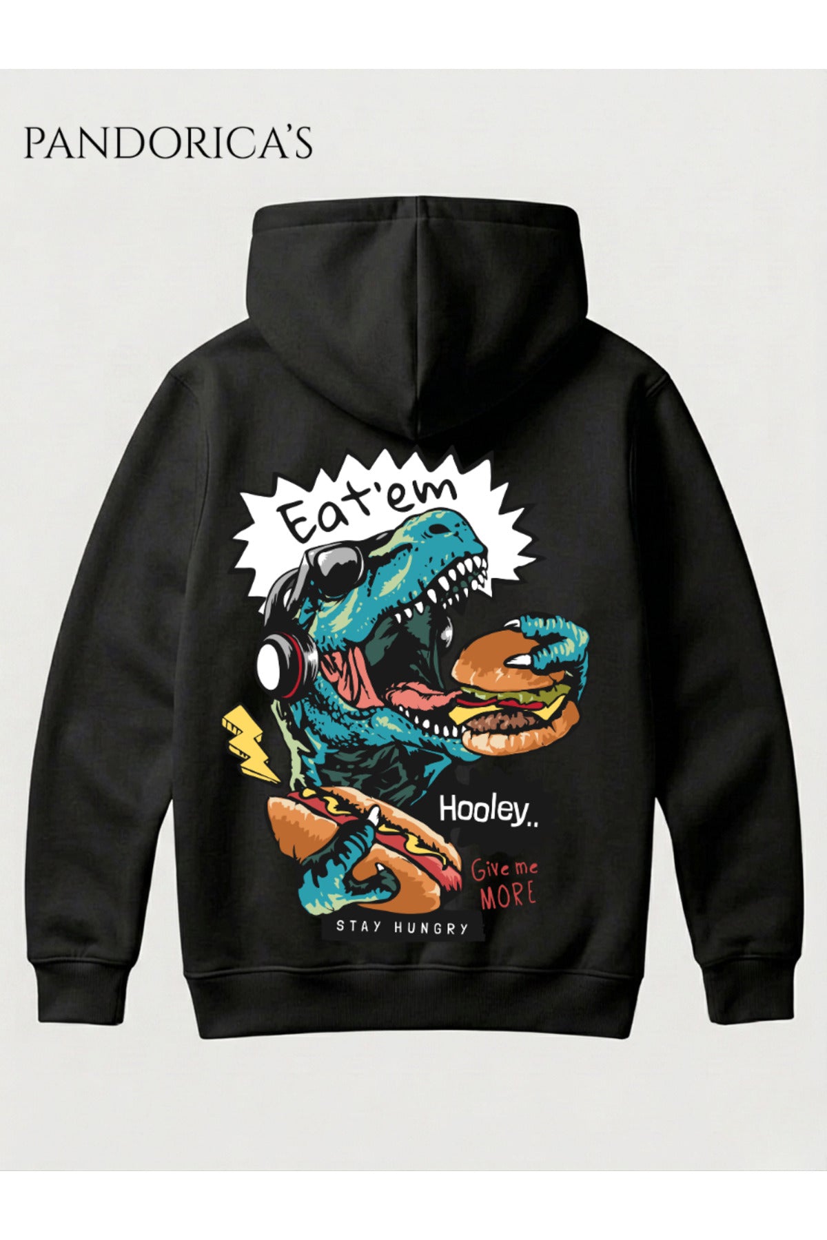 Siyah Dino Tasarım Serisi "Eat'em" Yazılı Sırt Baskılı Unisex Kapüşonlu Pamuklu Sweatshirt (Hoodie) - 1