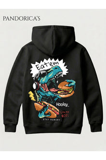 DİNO Tasarım Serisi "EAT'EM" Yazılı Sırt Baskılı Unisex Kapüşonlu Pamuklu Sweatshirt (Hoodie)