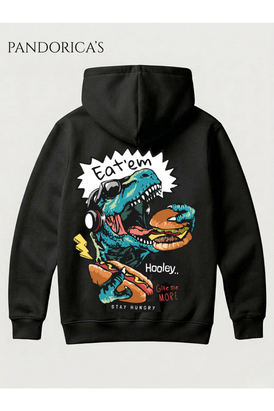 DİNO Tasarım Serisi "EAT'EM" Yazılı Sırt Baskılı Unisex Kapüşonlu Pamuklu Sweatshirt (Hoodie)