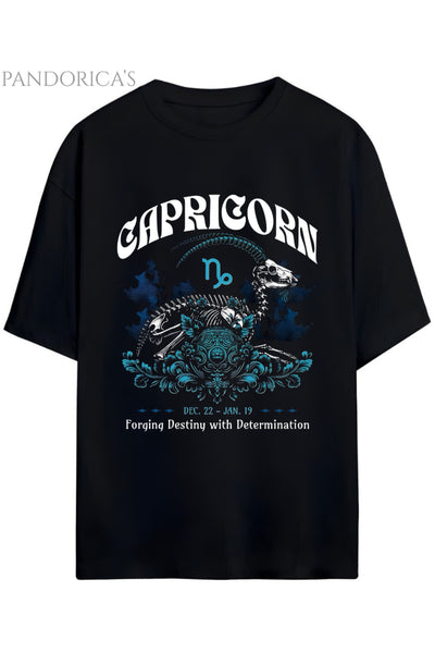 Gothic Zodyak Tasarım Serisi Capricorn (Oğlak Burcu) Yazılı Baskılı Pamuklu Unisex Tişört