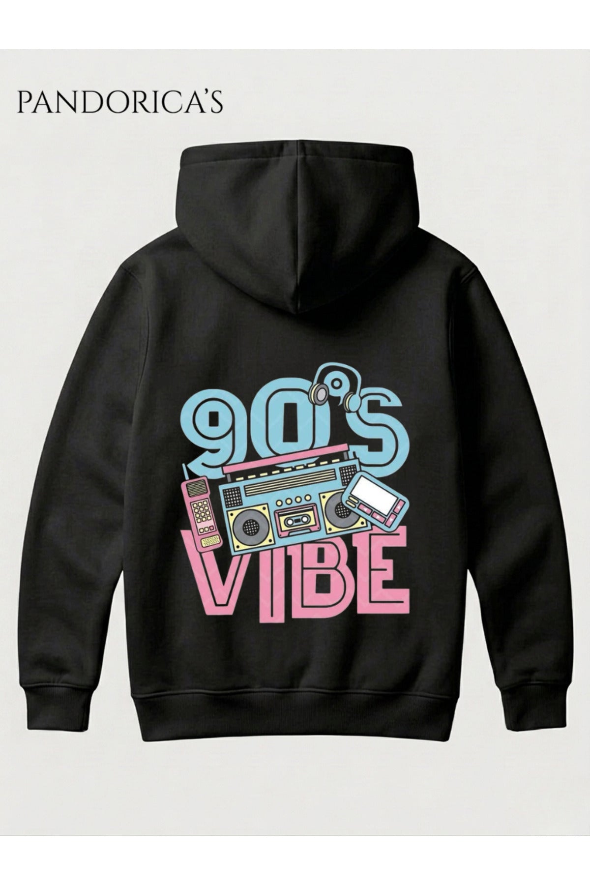 Siyah 90lar "90'S Vibe" Retro Tasarımı Yazılı Sırt Baskılı Unisex Kapüşonlu Pamuklu Sweatshirt Hoodie - 24