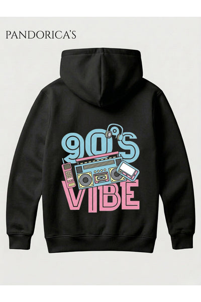 90lar "90'S VIBE" Retro Tasarımı Yazılı SIRT Baskılı Unisex Kapüşonlu Pamuklu Sweatshirt Hoodie