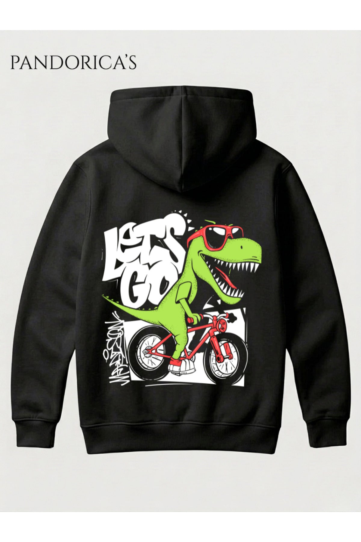 Siyah Dinazor Tasarım Serisi "Dino Rider" Yazılı Sırt Baskılı Unisex Kapüşonlu Pamuklu Sweatshirt (Hoodie) - 41
