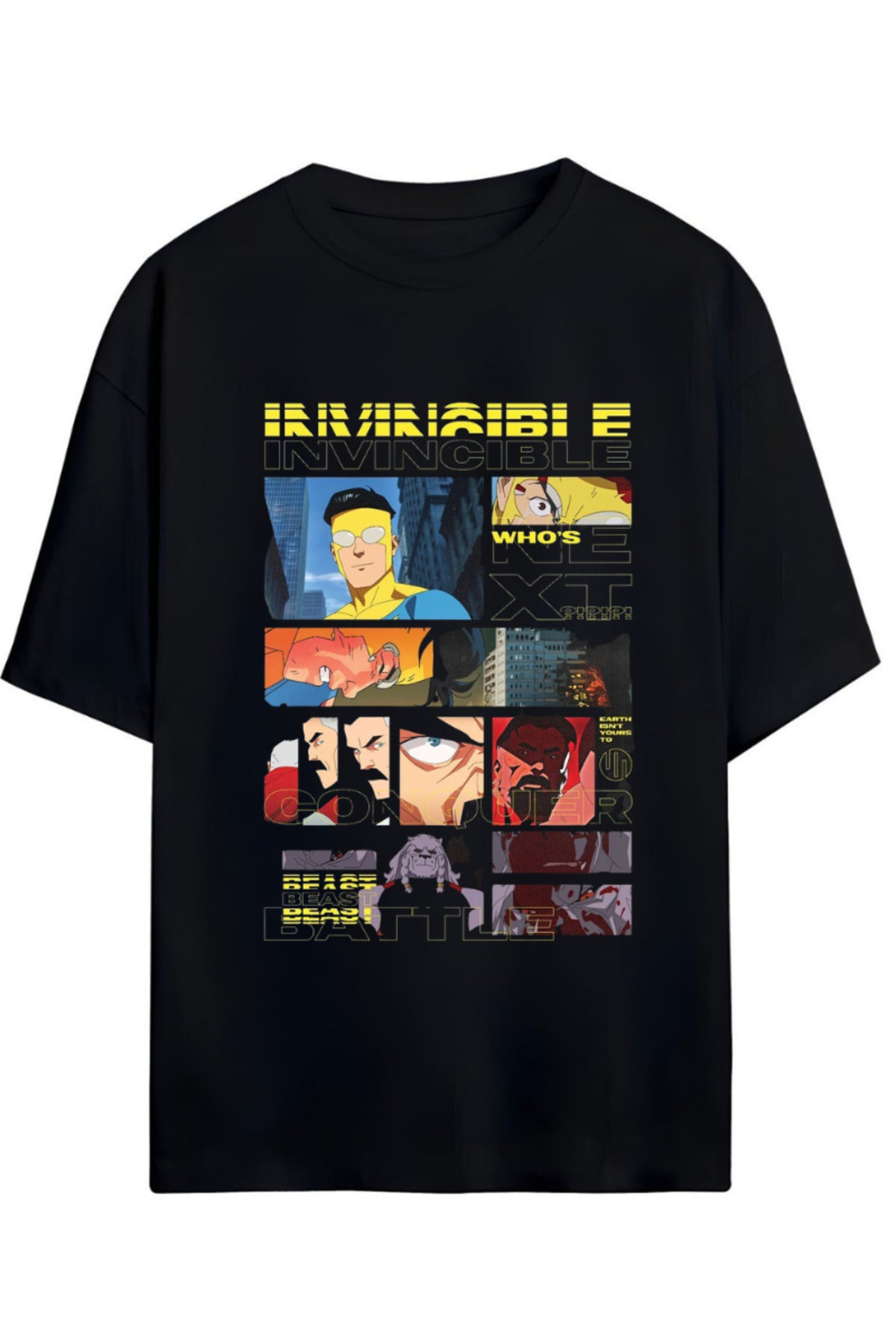 Siyah Invincible Friends & Foes (Dostlar Ve Düşmanlar) Yazılı Baskılı Pamuklu Relaxed Kalıp Unisex Tişört - 45