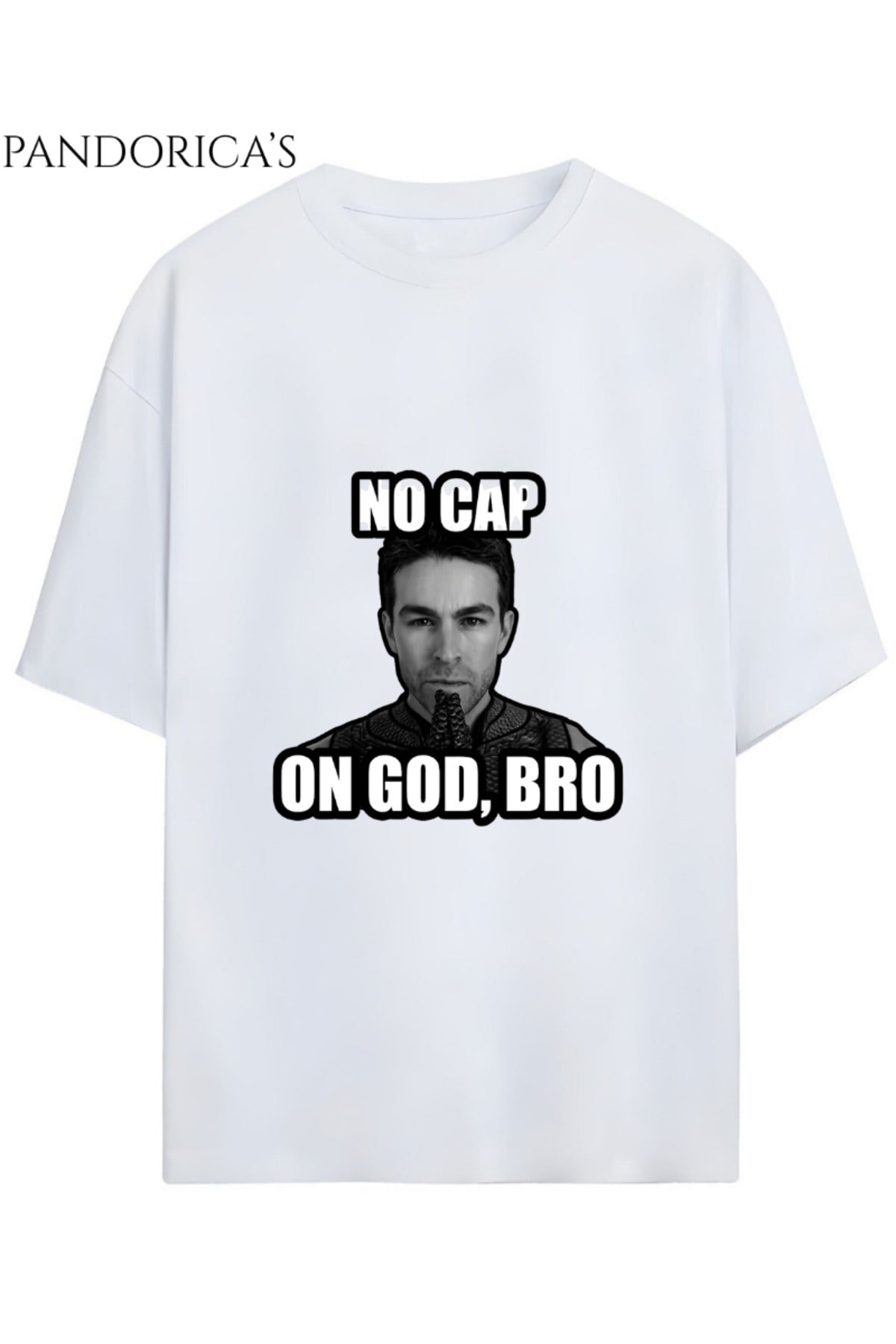 Beyaz The Boys Tasarımı Deep Meme "No Cap On God Bro" Yazılı Baskılı Unisex Pamuklu Relaxed Kalıp Tişört - 214