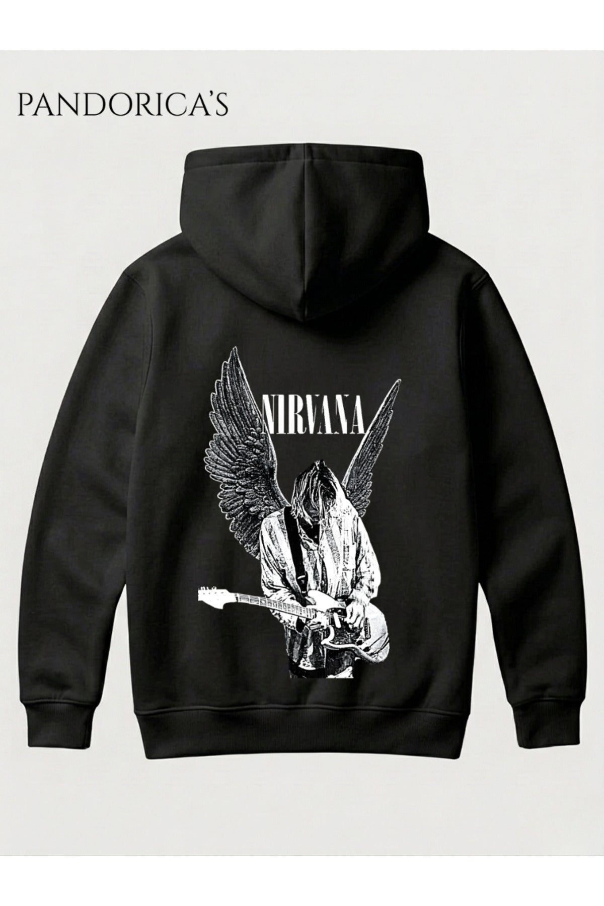 Siyah Nirvana Kurt Cobain Tasarımı Yazılı Sırt Baskılı Unisex Kapüşonlu Pamuklu Sweatshirt Kanguru Cep Hoodie - 105