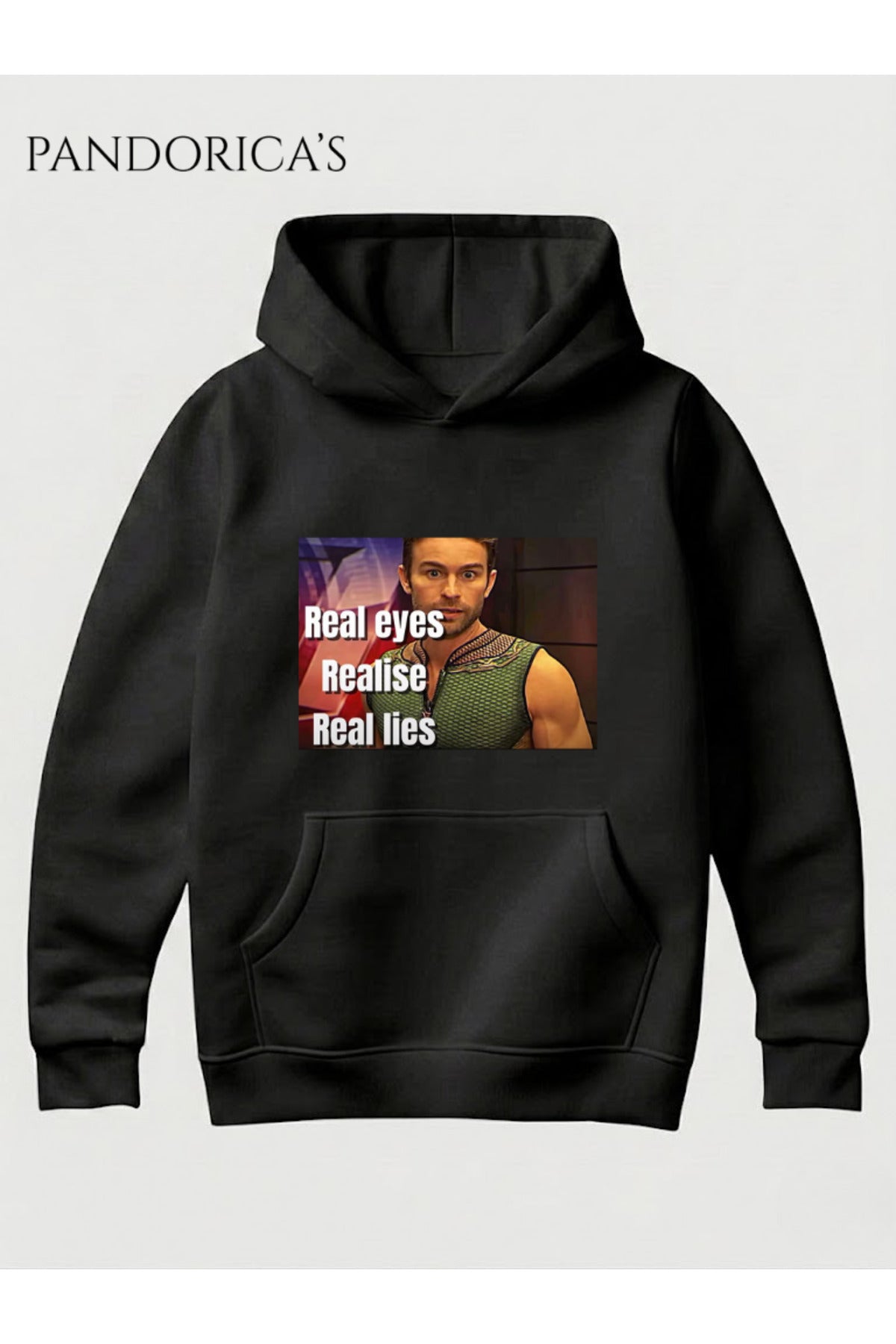 Siyah The Boys Deep Meme Tasarımı "Real Eyes Realise Real Lies" Yazılı Baskılı Unisex Kapüşonlu Pamuklu Sweatshirt Hoodie - 114