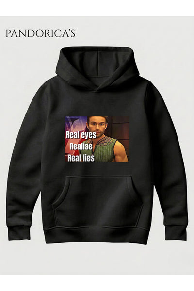 The Boys DEEP Meme Tasarımı "Real Eyes Realise Real Lies" Yazılı Baskılı Unisex Kapüşonlu Pamuklu Sweatshirt Hoodie