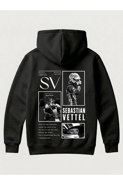 SEBASTIAN VETTEL 5 Tasarımı Yazılı SIRT VE GÖĞÜS BASKILI Unisex Kapüşonlu Pamuklu Sweatshirt (Hoodie)