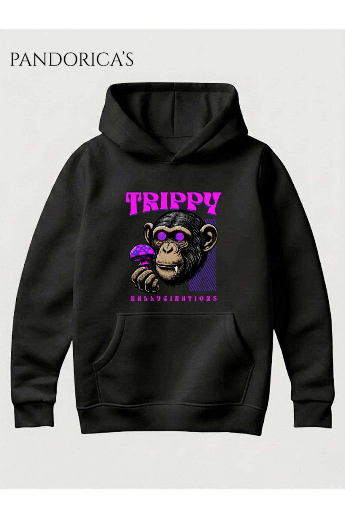 Siyah Streetwear Tasarım Serisi "Trippy" Yazılı Maymun Baskılı Unisex Kapüşonlu Pamuklu Sweatshirt (Hoodie) - 24