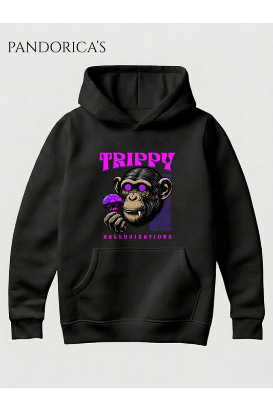 Streetwear Tasarım Serisi "TRIPPY" Yazılı Maymun Baskılı Unisex Kapüşonlu Pamuklu Sweatshirt (Hoodie)