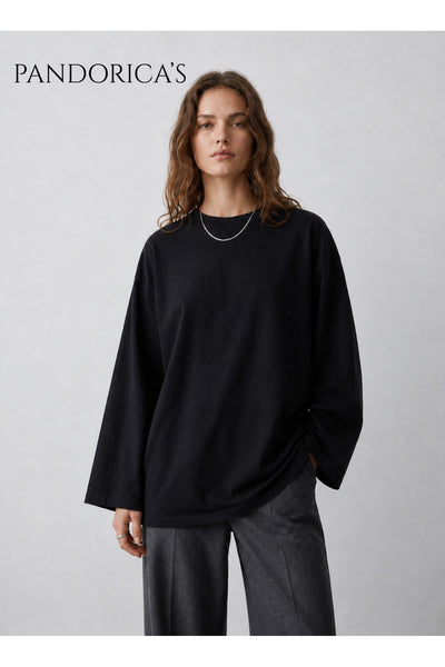 Pandorica's Siyah Oversize Geniş Kesim Uzun Kollu %100 Pamuk Yazlık Basic Tişört