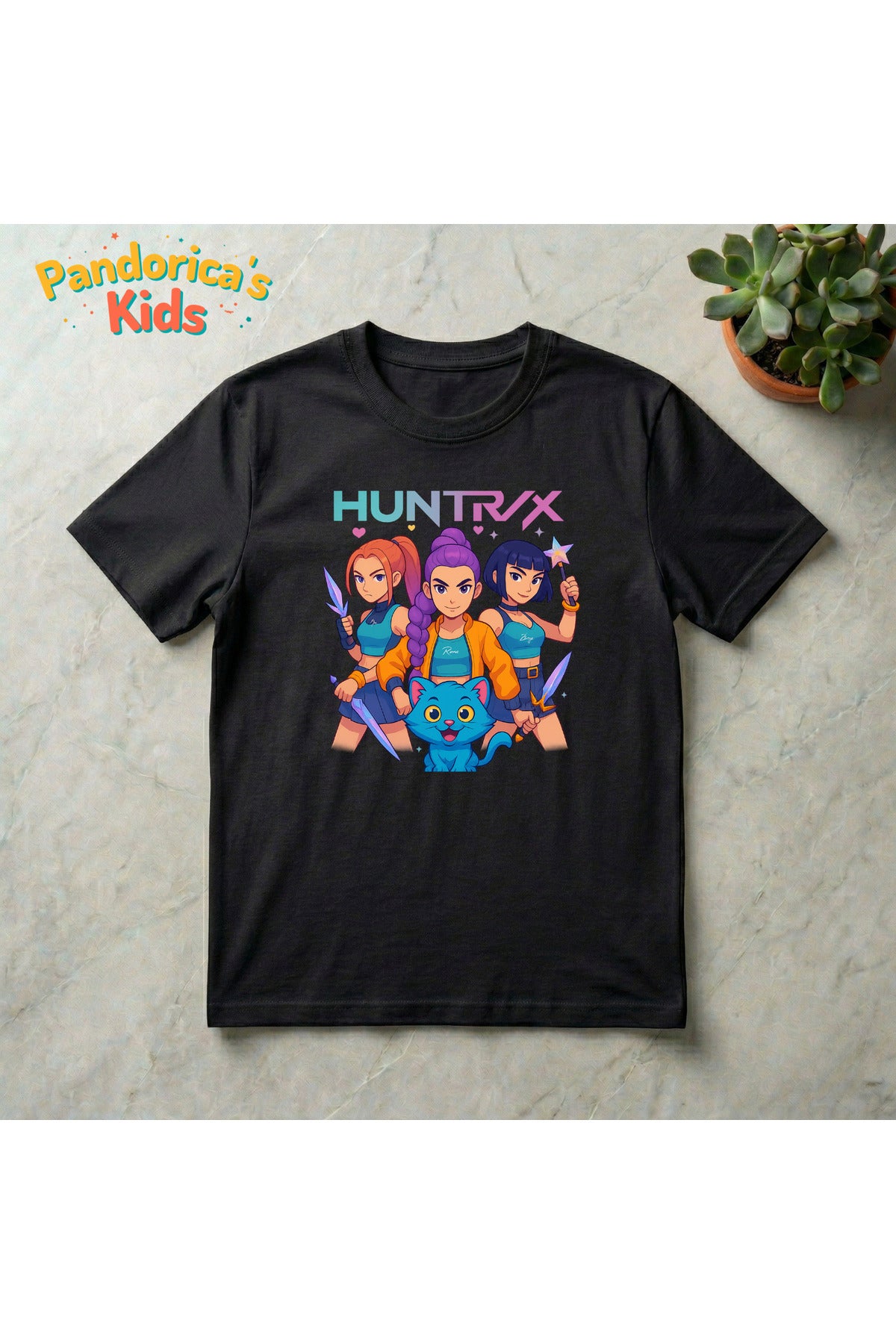 Siyah Pandorica's Kpop İblis Avcıları (Demon Hunters) Tasarımı Pamuklu Unisex Çocuk T-Shirt - 62