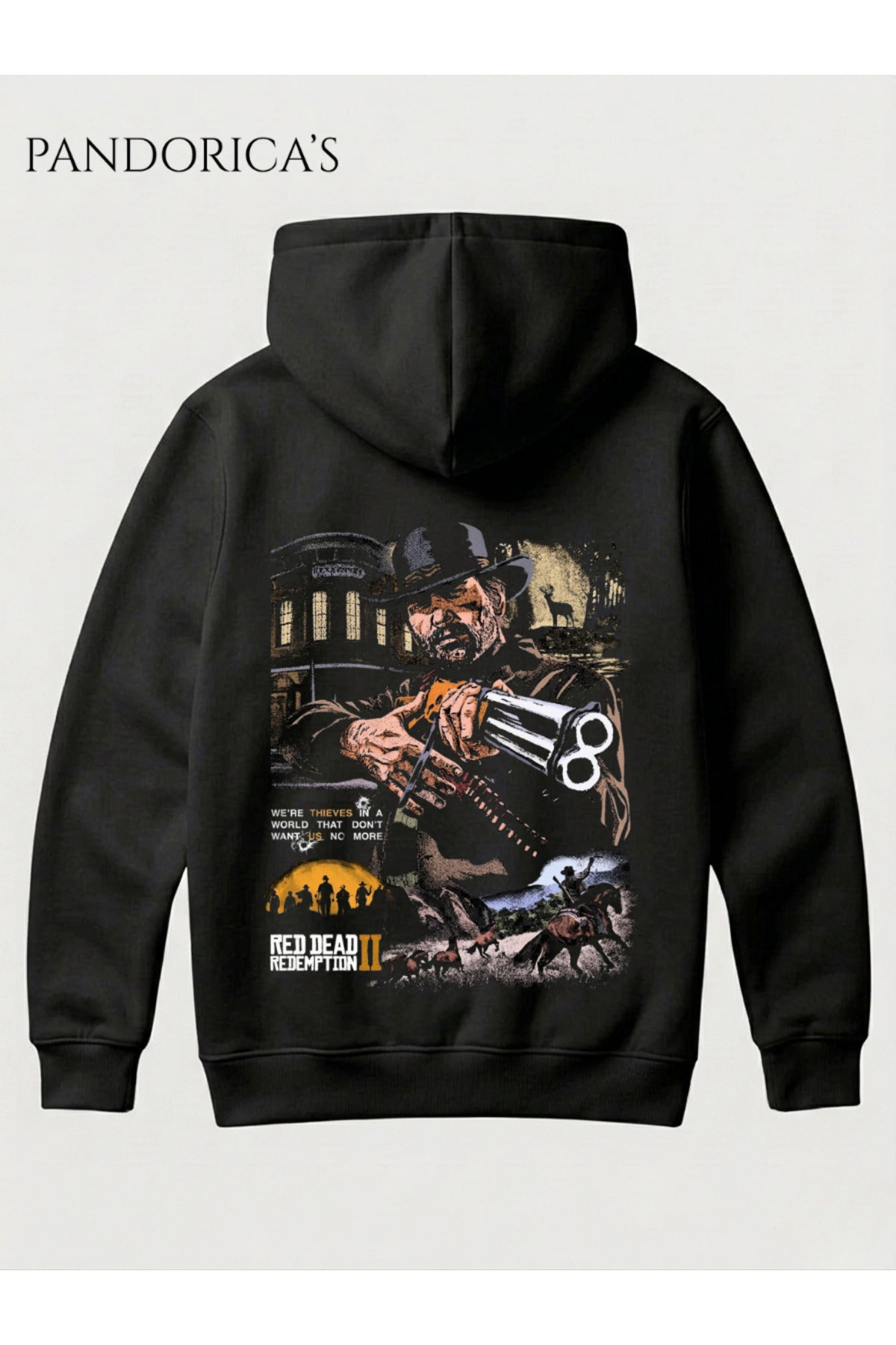 Siyah Red Dead Redemption 2 Arthur Morgan Tasarımı Yazılı Sırt Baskılı Unisex Kapüşonlu Pamuklu Sweatshirt Hoodie - 60