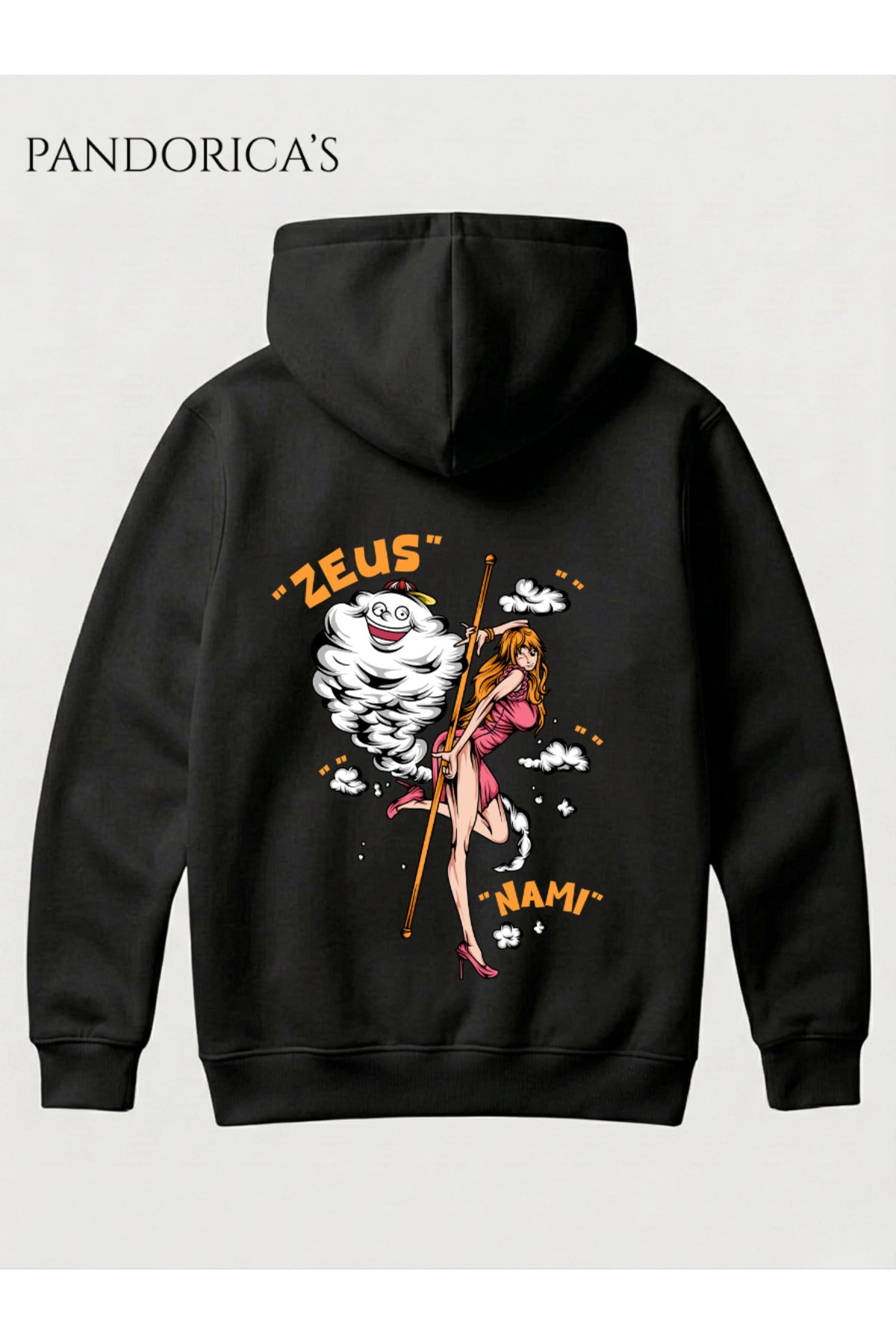 Siyah One Piece Özel Tasarım Serisi "Zeus & Nomi̇" Yazılı Sırt Baskılı Unisex Kapüşonlu Pamuklu Sweatshirt (Hoodie) - 65
