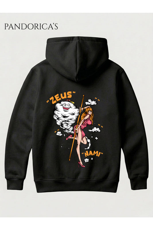 One Piece Özel Tasarım Serisi "ZEUS & NOMİ" Yazılı Sırt Baskılı Unisex Kapüşonlu Pamuklu Sweatshirt (Hoodie)
