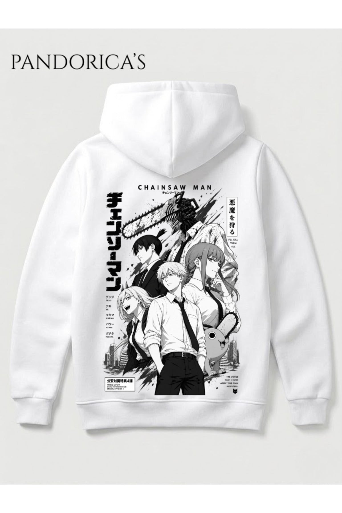 Beyaz Chainsaw Man Anime Manga Tasarım Serisi Yazılı Sırt Ve Ön Baskılı Unisex Kapüşonlu Pamuklu Sweatshirt Hoodie - 114