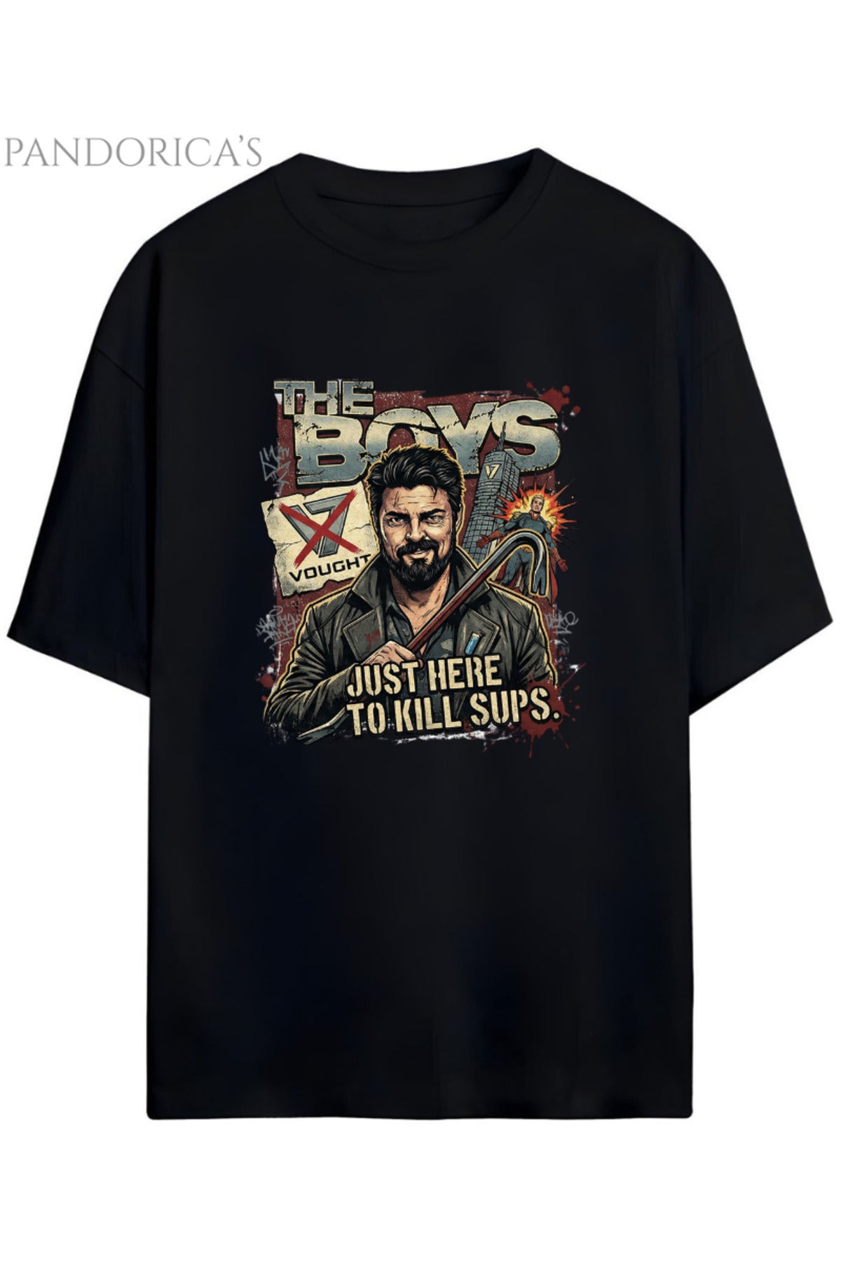 Pandorica's The Boys Tasarımı "Billy Butcher Here To Kill Some Sups" Baskılı Unisex Pamuklu Tişört