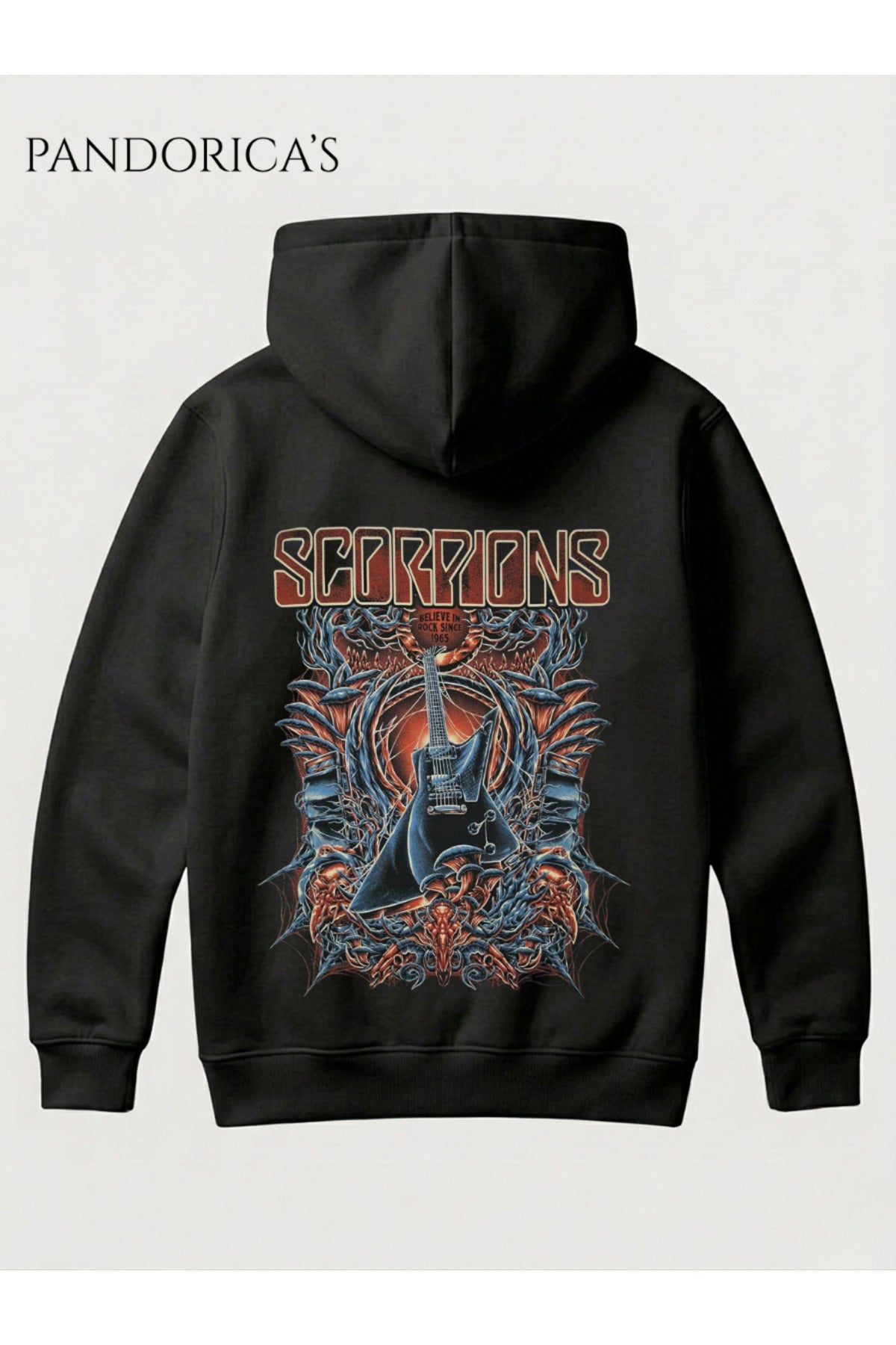 Siyah Scorpions Tasarımı Yazılı Sırt Baskılı Unisex Kapüşonlu Pamuklu Kanguru Cepli Sweatshirt Hoodie - 69