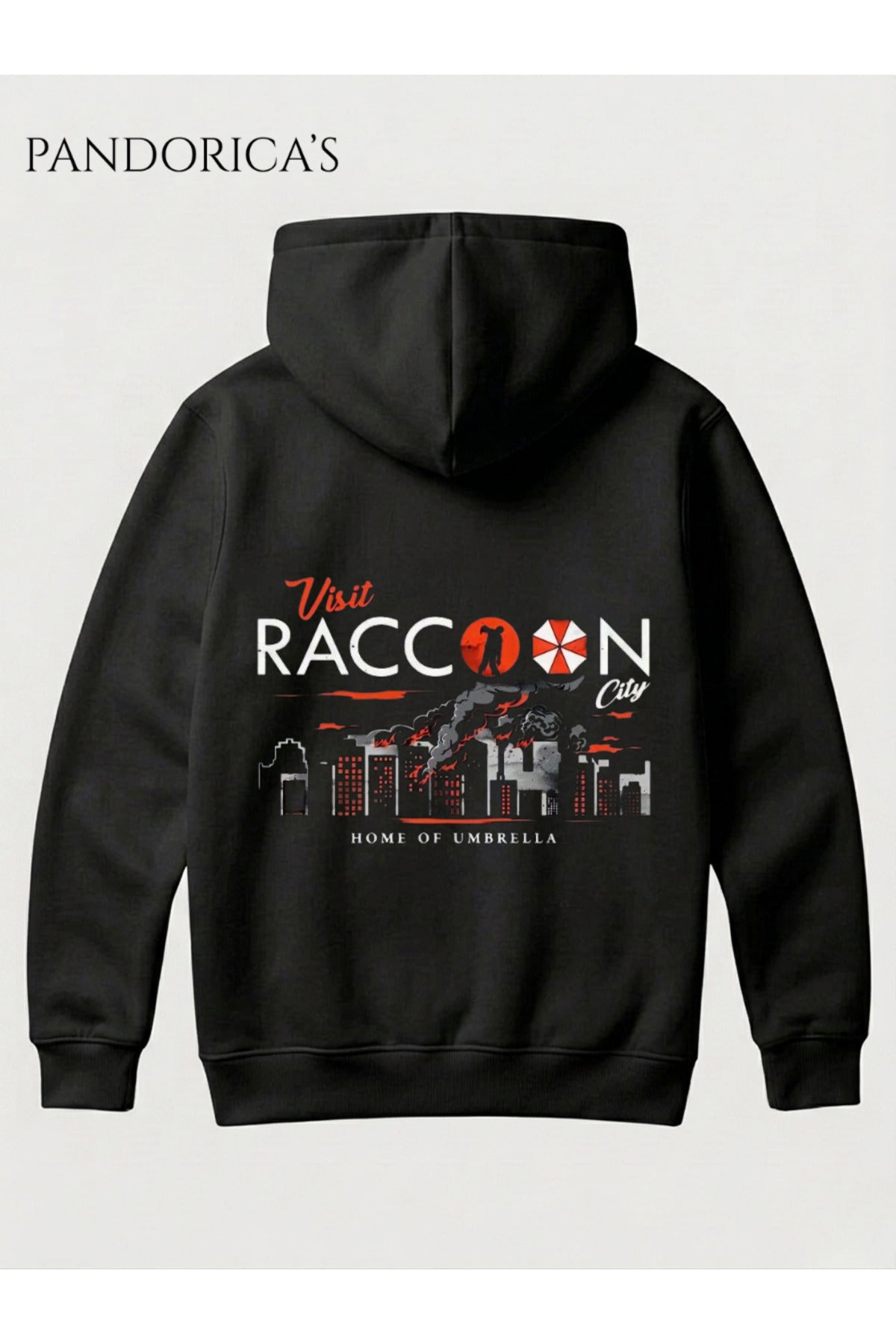 Resident Evil "Visit Raccoon City Home Of Umbrella" Tasarımı Yazılı Sırt Ve Göğüs Baskılı Unisex Kapüşonlu Pamuklu Gamer Sweatshirt Hoodie